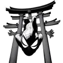 spiderman outline hanging upside down on a Japanese Torii Gate but he is hanging from the middle of the gate tattoo design idea