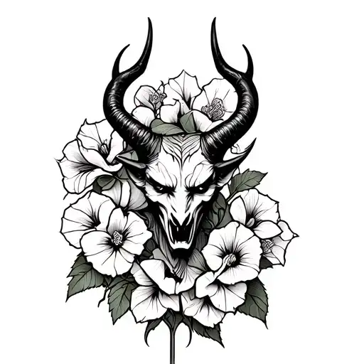 devil with hollyhocks on the horns tattoo design idea