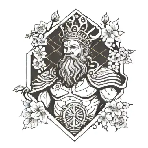 King Neptune statute with cherry blossoms, orange blossoms, and buckeyes tattoo design idea