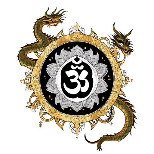  golden dragon and buddhist mandala with om mani padme hum and buddha face.  tattoo design idea