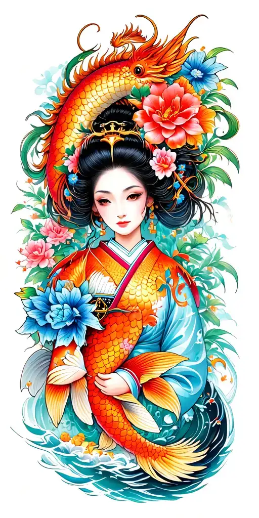 Japanese, dragon, geisha girl, koi carp Masonic symbols, bright colours, flowers, full colour tattoo design idea