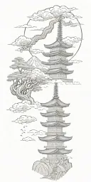 a 6 floors pagoda with mount fuji on the background, a japanese dragon in the sky and some shinto shrines along the way tattoo design idea