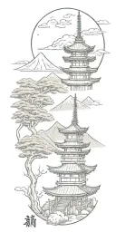 a 6 floors pagoda with mount fuji on the background, a japanese dragon in the sky and some shinto shrines along the way tattoo design idea