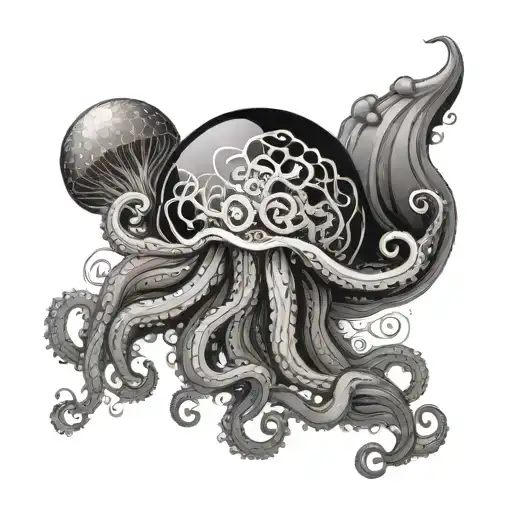 The tentacles stretch from the bottom up. At the very top floats a jellyfish. Between them is a New Year's ball tattoo design idea