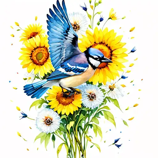 blue jay flying over bouquet of wild sunflowers, gladiolus and dandelions with dandelion seeds flying tattoo design idea