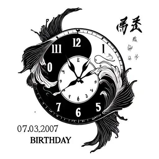 A full clock with ying and yang 2 koi fish  one being black swimming and my birthday 07.03.2007  with Roman letters in tattoo design idea