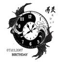 A full clock with ying and yang 2 koi fish  one being black swimming and my birthday 07.03.2007  with Roman letters in tattoo design idea