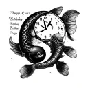 A full clock with ying and yang 2 koi fish  one being black swimming and my birthday 07.03.2007  with Roman letters in tattoo design idea