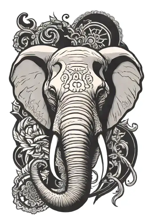 neo traditional frontal view of elephant with large tusk. half of the face is a skull. tattoo design idea