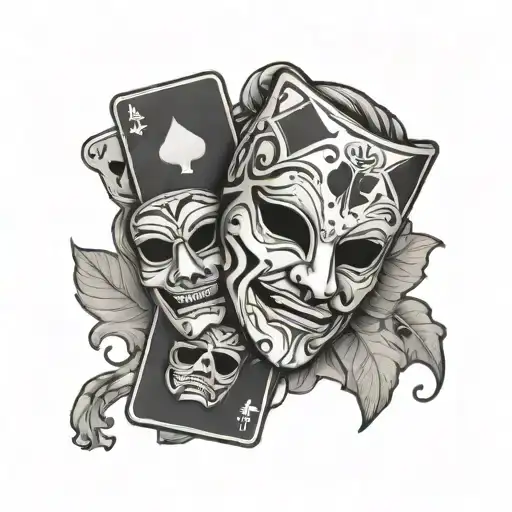 comedy tragedy mask with playing card background tattoo design idea