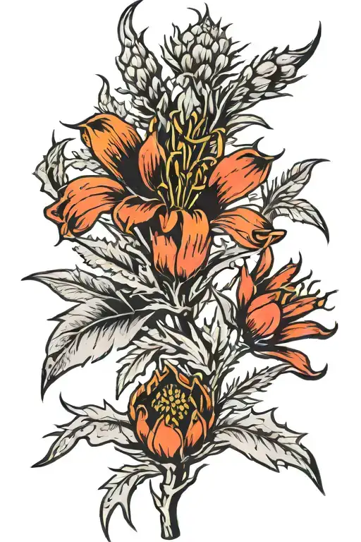 Johnstone shield kangaroo paw flower and thistle  blooming tattoo design idea