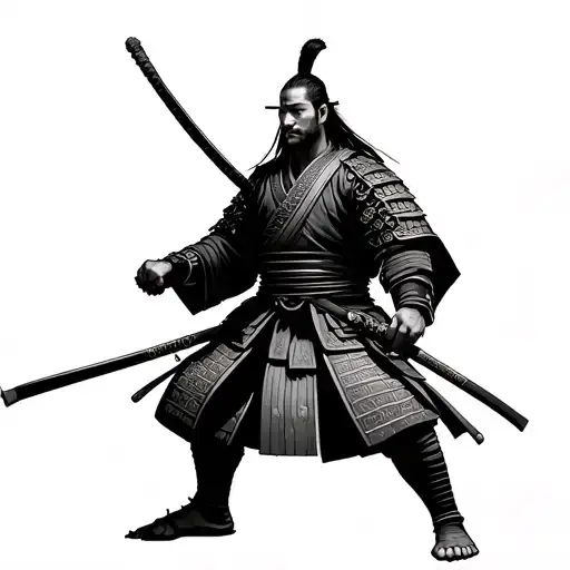 Generate images as if it were a real tattoo as below: Samurai in guard pose • Description: a samurai standing, tattoo design idea
