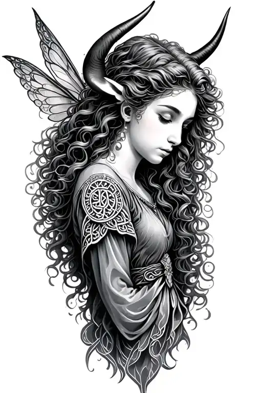 Celtic beat Celtic bull beautiful curly hair water fairy  tattoo design idea