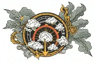 Thundering clouds wirh white lightning striking down to my hand with roman numerals going through some of the lightning  tattoo design idea