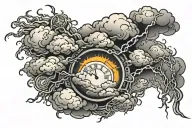 Thundering clouds wirh white lightning striking down to my hand with roman numerals going through some of the lightning  tattoo design idea