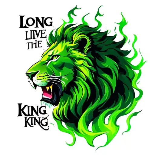 scar from the film Lion with green flames a d text saying long live the king tattoo design idea