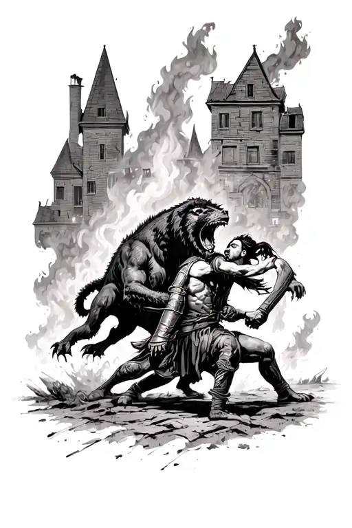 medieval man vs beast fighting infront of burning buildings tattoo design idea