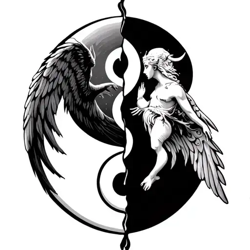 split in half yin and yang. angel on right pulling on the yin. devil on the right pulling on the yang style gothic tattoo design idea