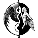 split in half yin and yang. angel on right pulling on the yin. devil on the right pulling on the yang style gothic tattoo design idea