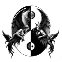 split in half yin and yang. angel on right pulling on the yin. devil on the right pulling on the yang style gothic tattoo design idea