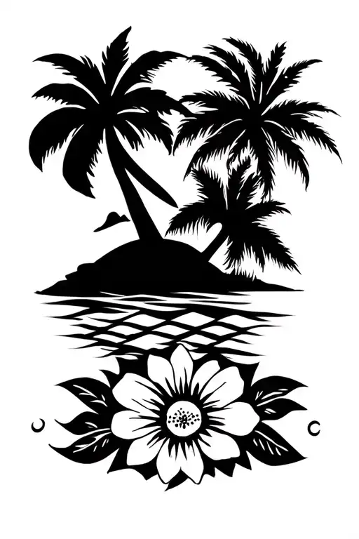 west african tribal pattern tide chevron with caribbean windward islands flowers and palm trees with afro tribal sun  tattoo design idea