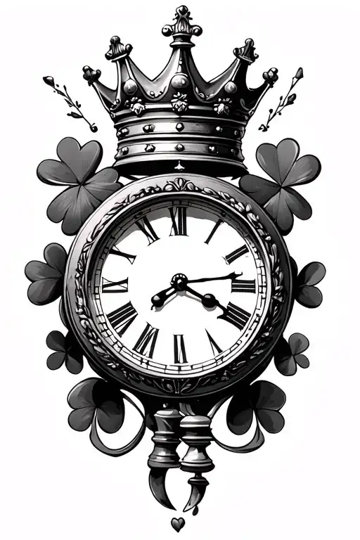 clock with chess piece in middle and king crown on top and surrounded with 4 leaf clovers  tattoo design idea