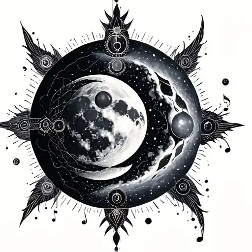 moon and chakras and music tattoo design idea