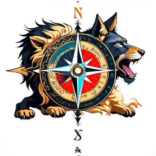 A stylized compass surrounded by a lion and wolf, representing the journey of self-discovery and growth through training tattoo design idea