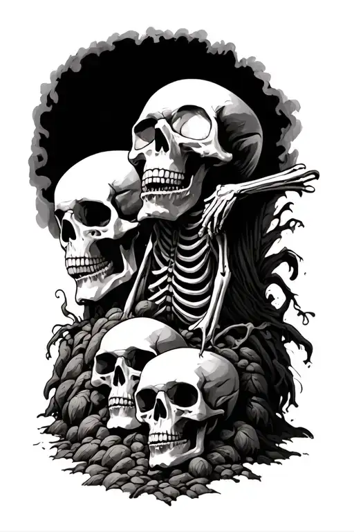 skeleton on a mound of skulls  tattoo design idea