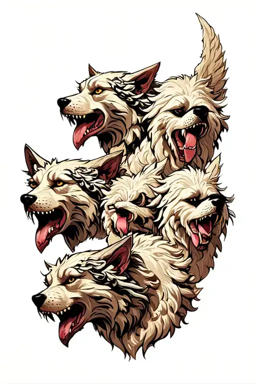 cerberus tattoo, full body, 3 heads going down from right to left, stretched out going down tattoo design idea