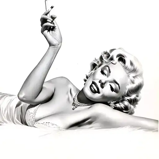 "ultra realistic" marilyn monroe  lies down and holds a cigarette in one hand and smiles tattoo design idea