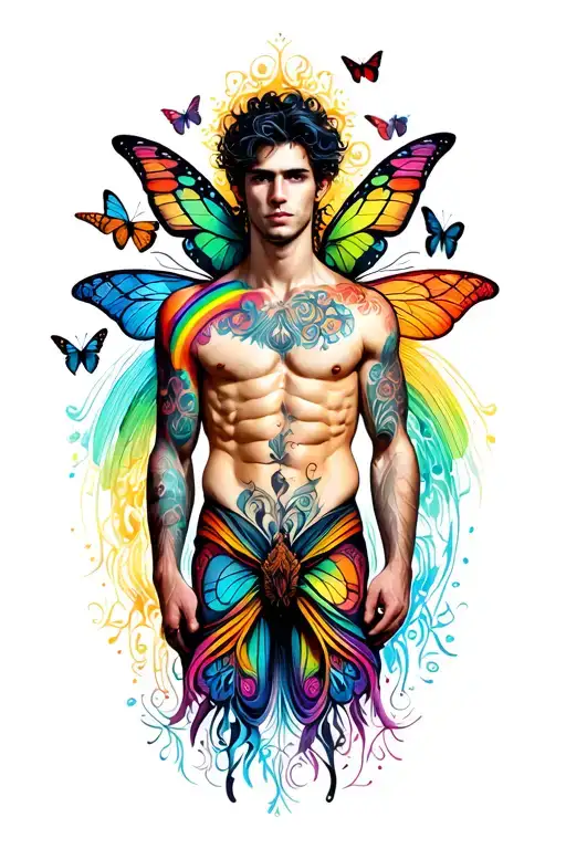 sexy male faery torso, playful, magical. Around him are butterflies, rainbows. tattoo design idea