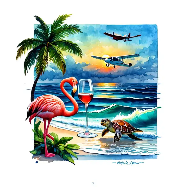flamingo n sea turtle both with a glass of wine on beach with waves with small plane flying by sunset and palm trees  tattoo design idea