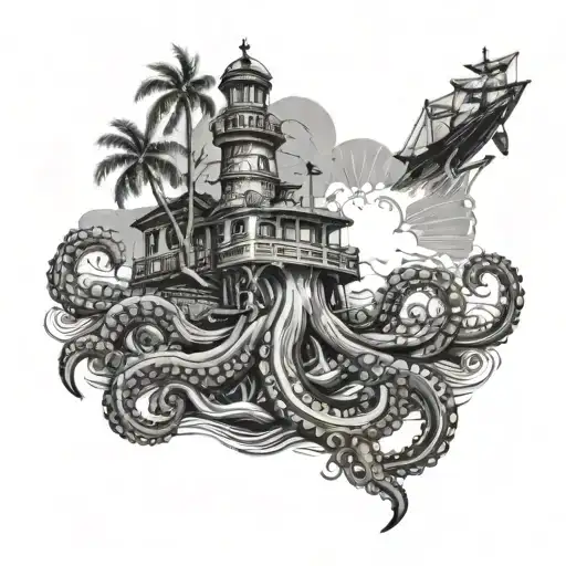 octopus destroys submarine against background of island with lighthouse and palm trees tattoo design idea