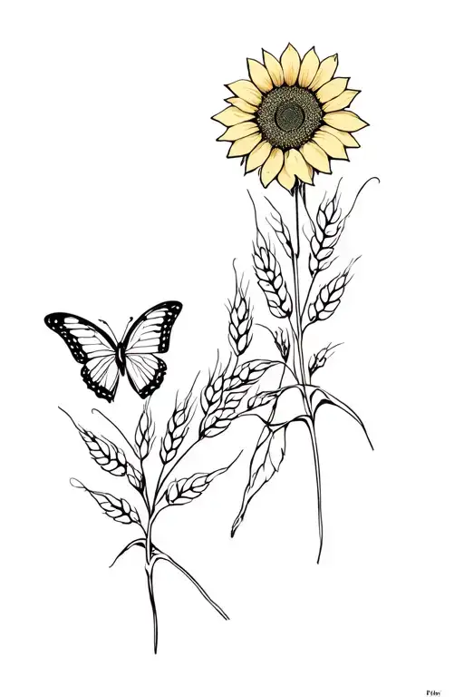 sunflower, wheat and semi colon butterfly perched tattoo design idea