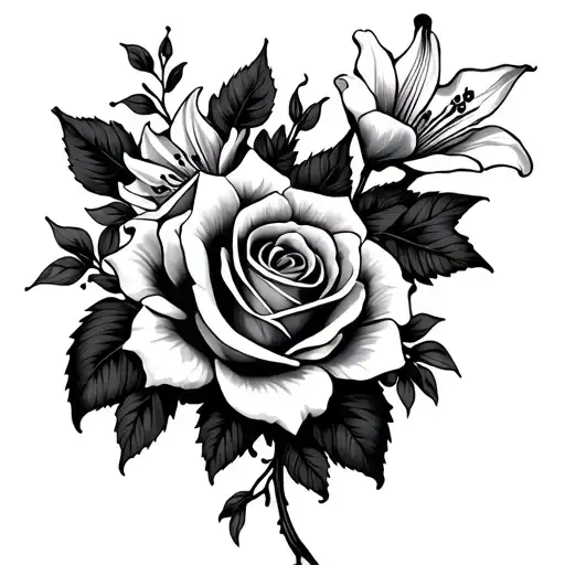 roses lilies and filigree vine intertwined tattoo design idea