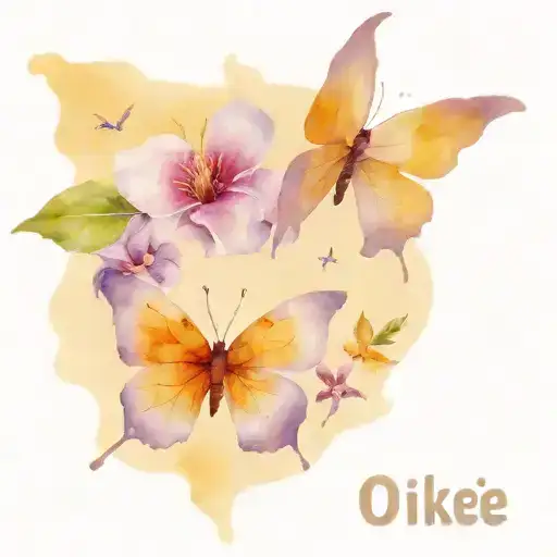 text OKIEE in purple lilac shade with little one butterfly and text Treasure make it together tattoo design idea