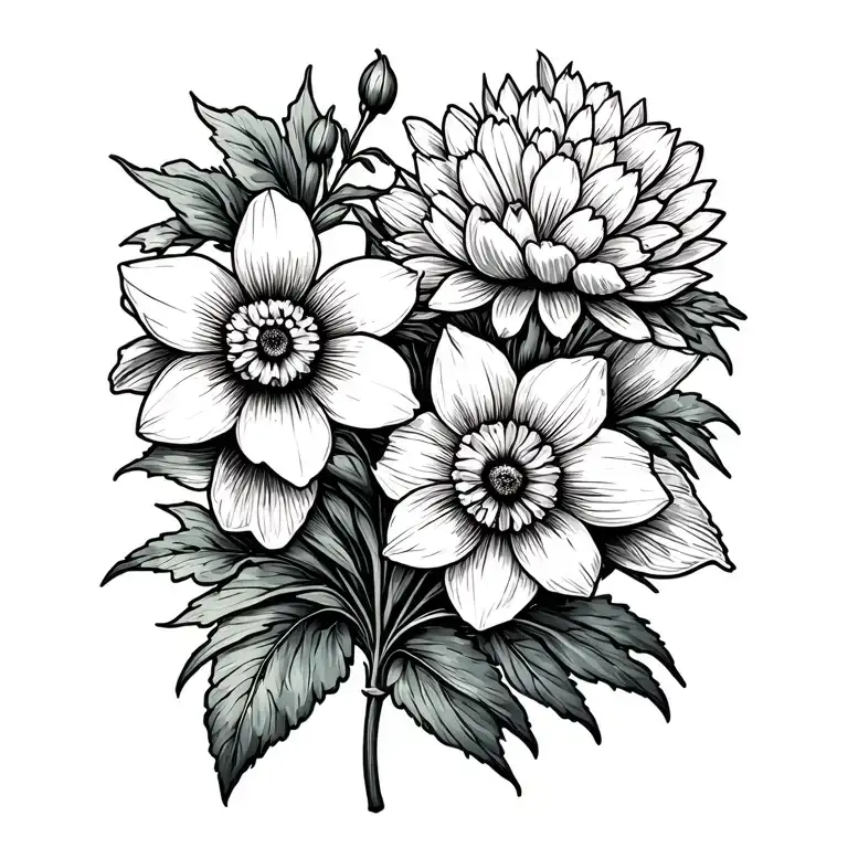 daffodil cosmos chrysanthemum tattoo design idea