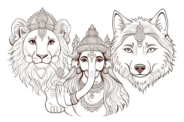 lord shiva and lord krishna and lord Ganesha and lord Murugan and animals like lion, cat, wolf all these in to a small t tattoo design idea