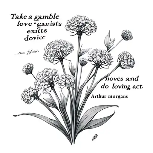 Arthur morgans drawing of yarrow flowers, next to it the quote "Take a gamble love exists and do a loving act"  tattoo design idea