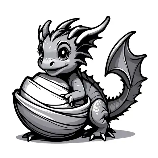 cute cartoon baby dragon with tail wrapped around egg   tattoo design idea