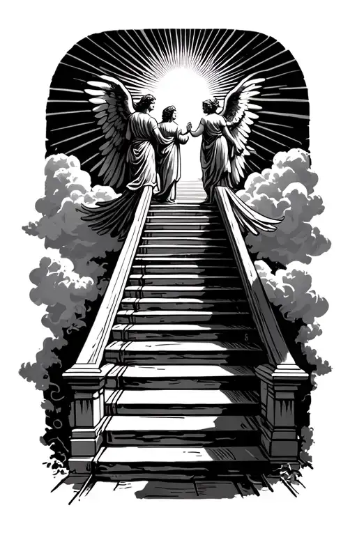stairway to heaven walking up stairs angels sun rays clouds heaven gate at the top of the stairs  tattoo design idea