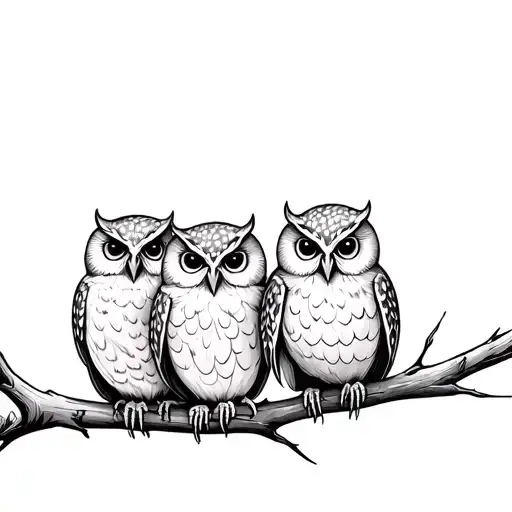 simple tattoo of 4 owls of same size perched on a branch tattoo design idea