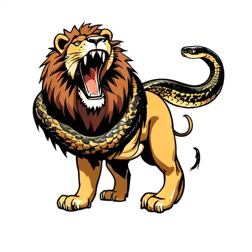 A lion standing on the rear legs, roaring, with an anaconda that surrounds him with his mouth open tattoo design idea