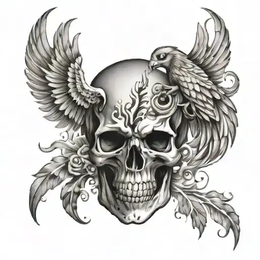 skull and phoenix rising from the ashes tattoo design idea