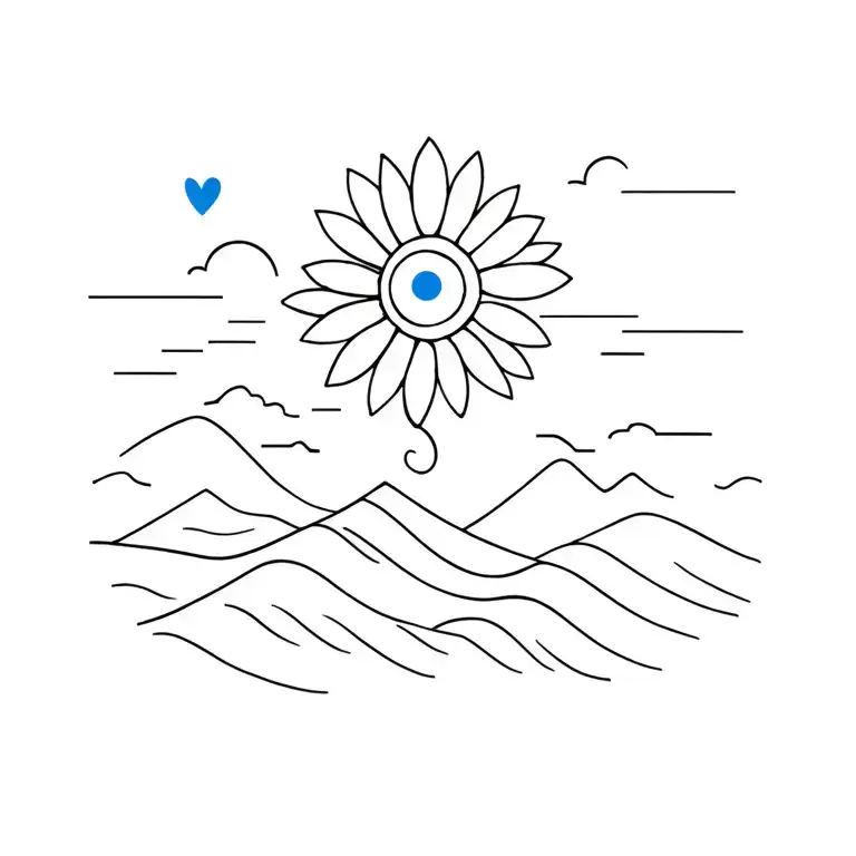 minimalist semi colon integrated sunflower, waves, sunset, mountain, sky, blue heart  tattoo design idea
