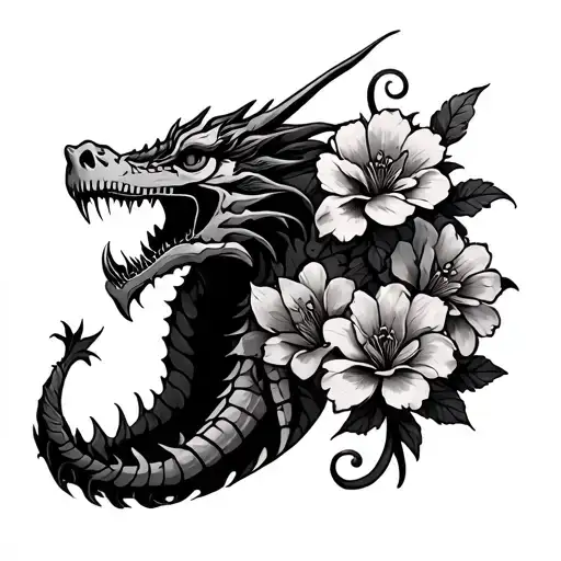 Skeletal Dragon with flowers tattoo design idea
