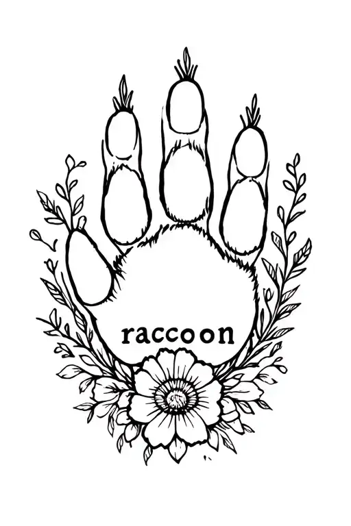 outline of a raccoon's paw with a continuous hand movement, swirls of flowers and the capital lettering "raccoon". tattoo design idea