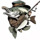 traditional style tattoo bass fish holding fishing rod wearing vest and a hat  tattoo design idea