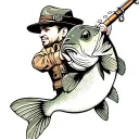 traditional style tattoo bass fish holding fishing rod wearing vest and a hat  tattoo design idea